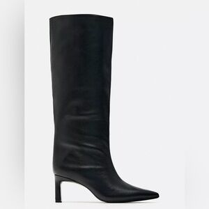 Zara knee high heeled leather black boots size 7.5